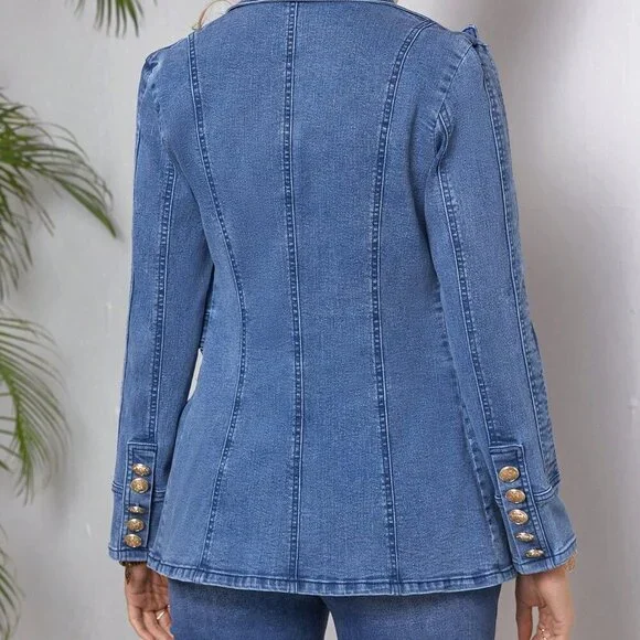 Blue Casual Women's Double-Breasted Decorated Blazer Collar Denim Jacket - Picture 2 of 6